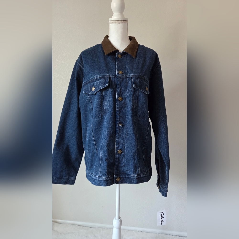 Cabela's Blue Denim Jacket with Brown Collar
